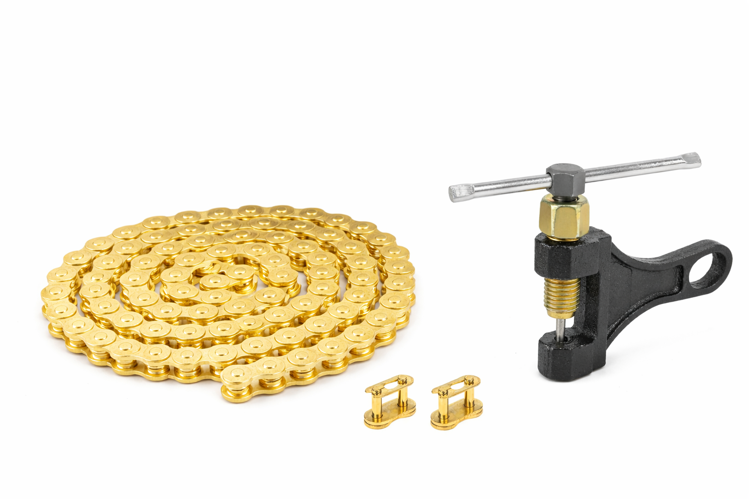 Pre-oiled gold 420 chain detail for high-torque e-bike drivetrains