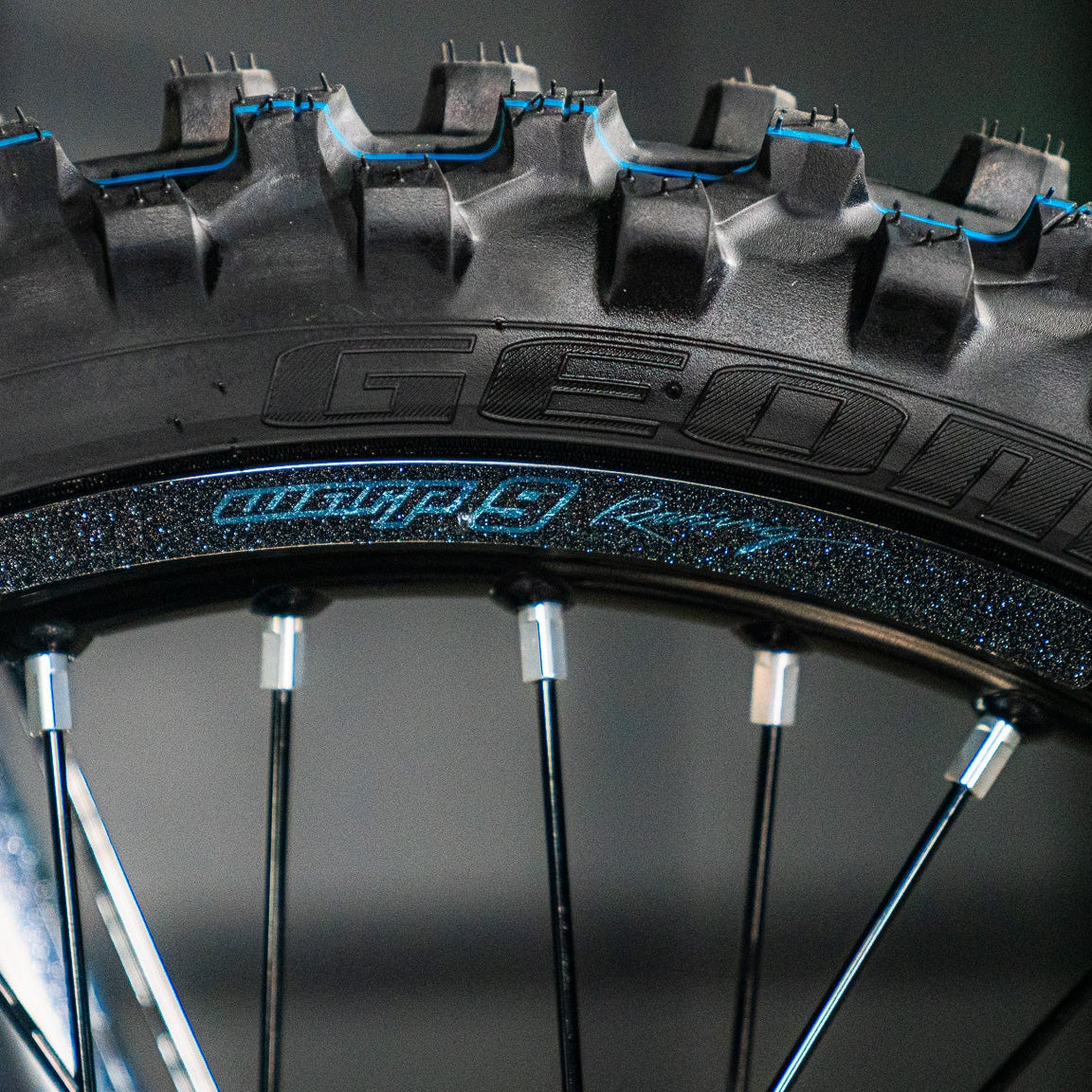 Warp 9 rim decals installed on e-moto wheel — detail