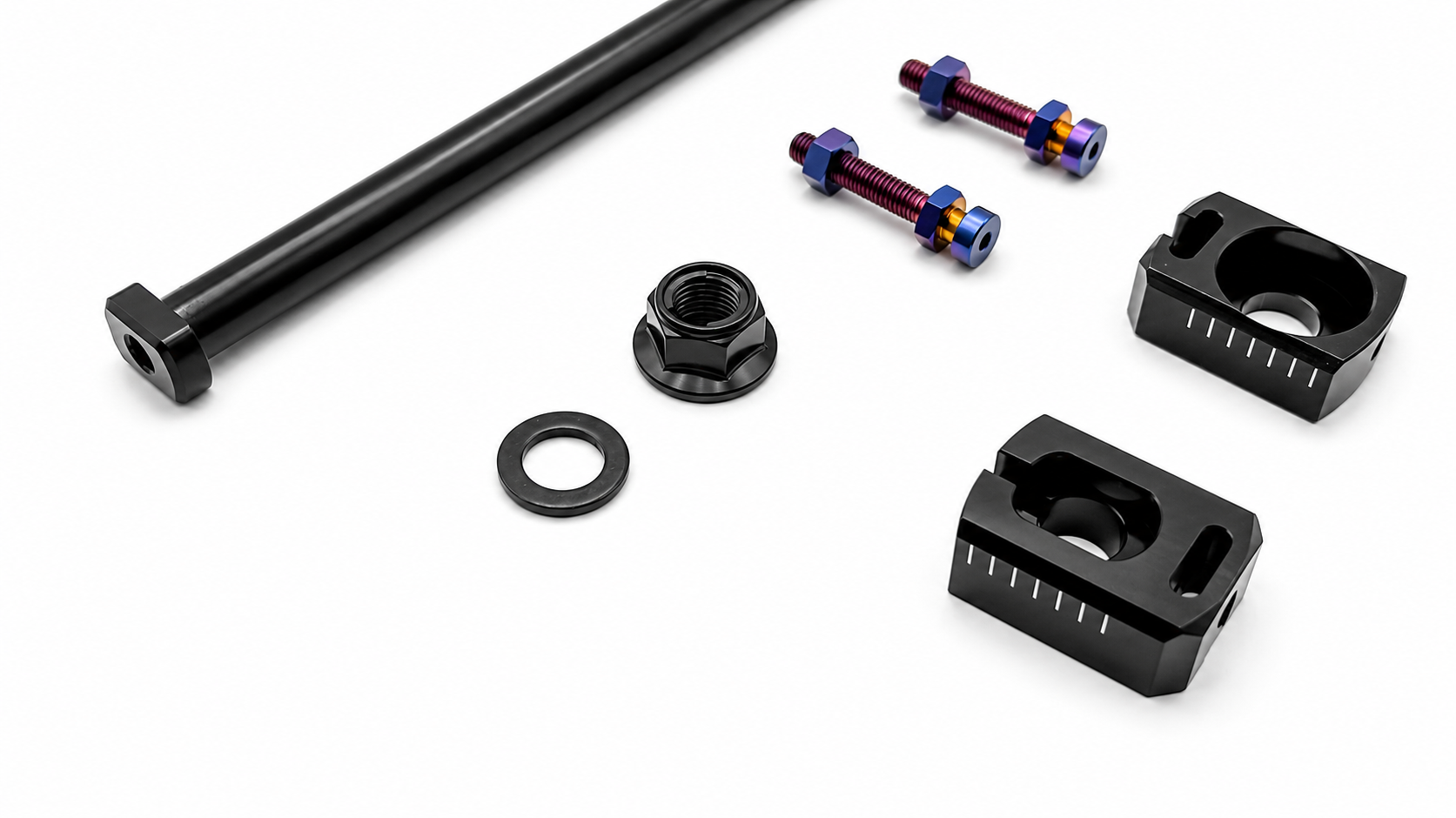 Warp 9 E-Ride Pro axle kit components laid out showing hardware