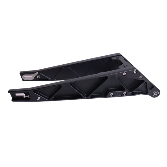 EBMX extended swingarm showing dirt-shedding channel geometry