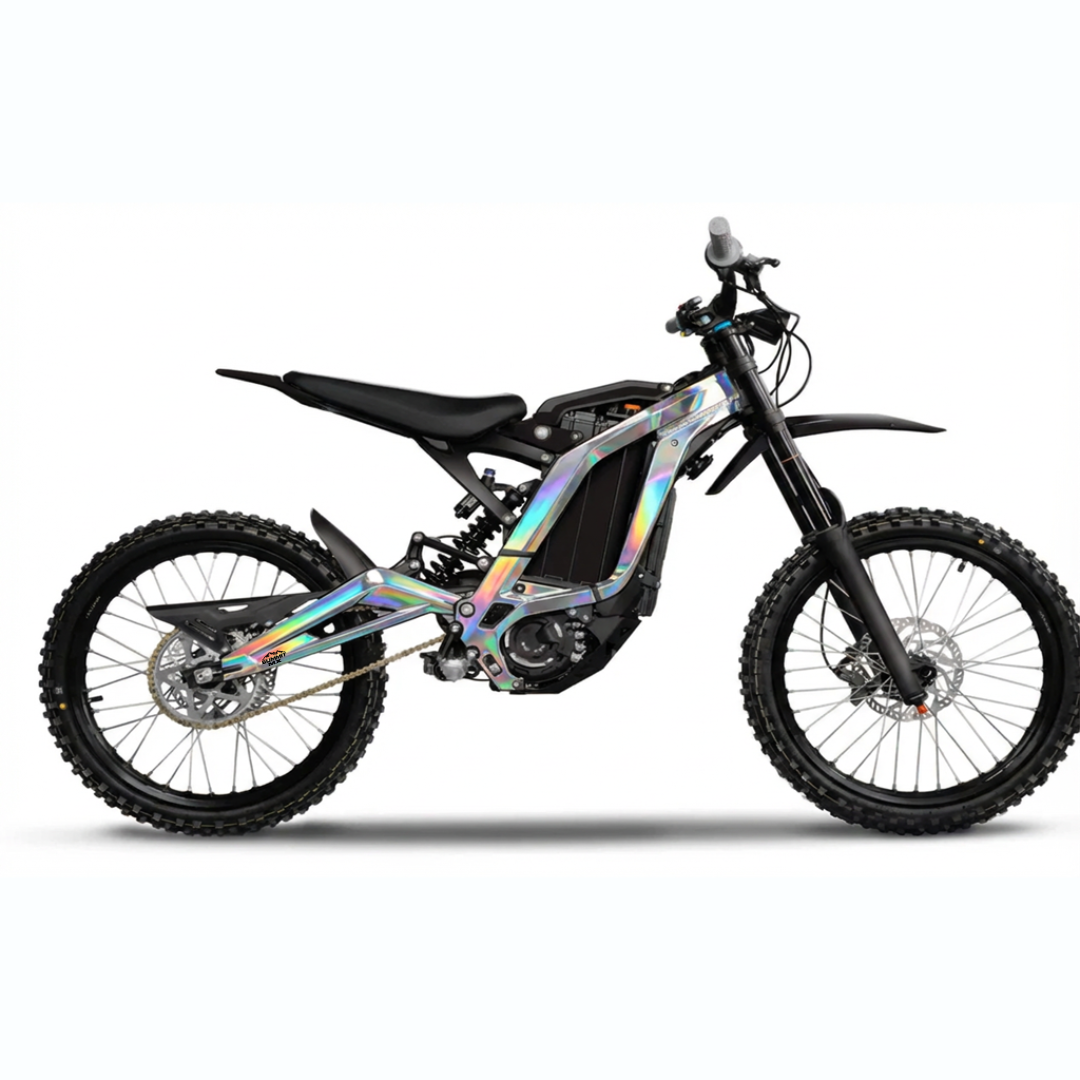 Holographic solid color frame wrap detail on Sur-Ron LBX