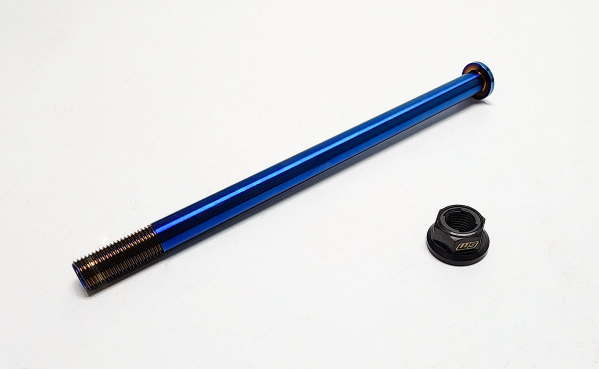 Warp 9 burnt-blue titanium rear axle with black Fuji lock nut for Talaria Sting