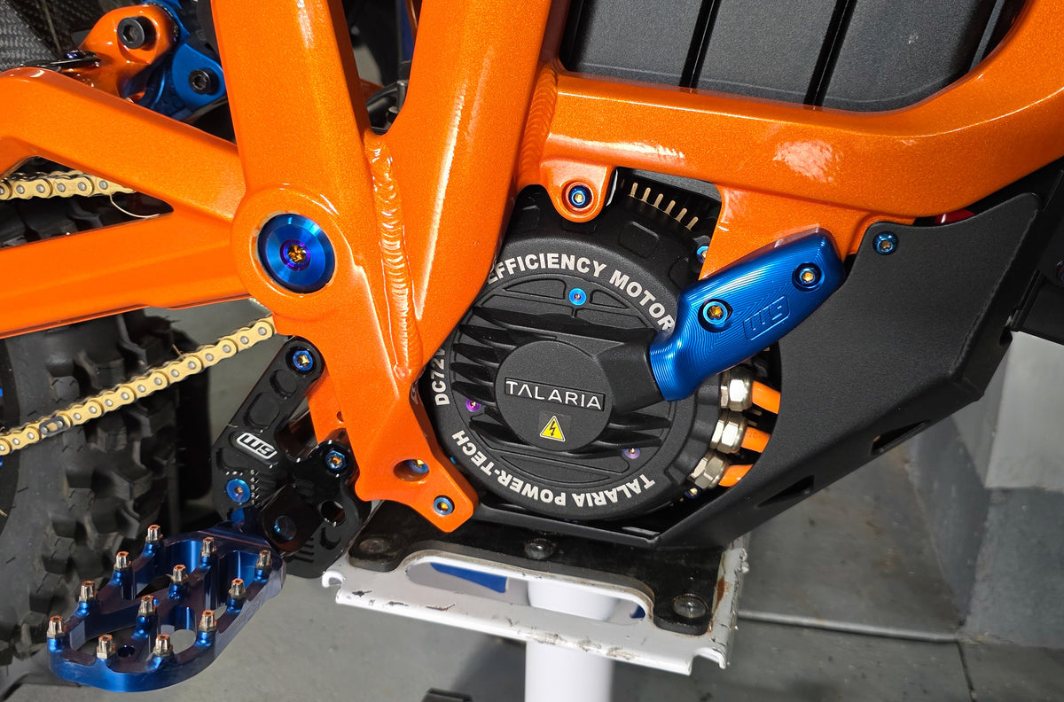 Magnesium finish wire guard mounted to a Talaria MX5 motor