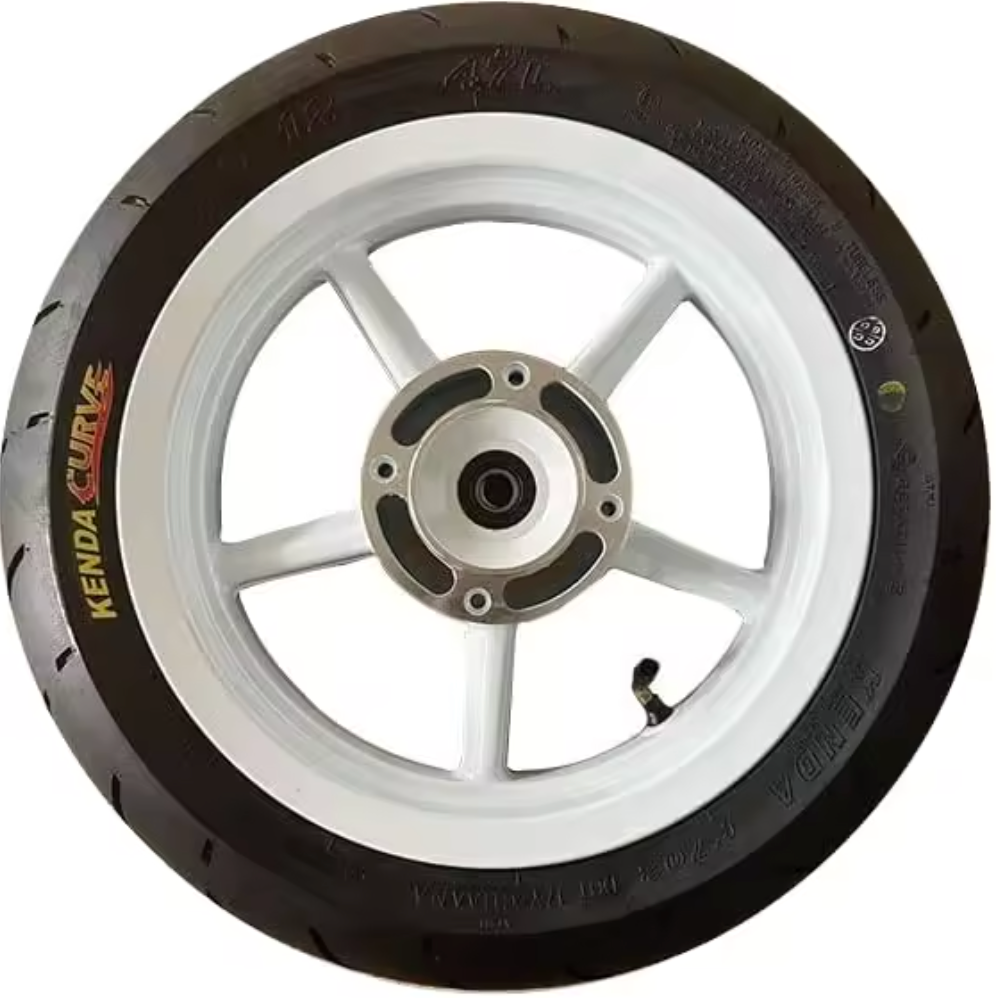 Front white supermoto wheel with mounted brake rotor