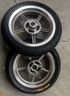 Silver supermoto wheel hub and mounting hardware detail
