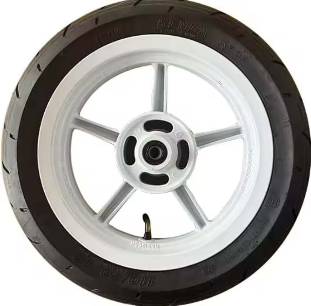 Rear white supermoto wheel with sprocket and rotor