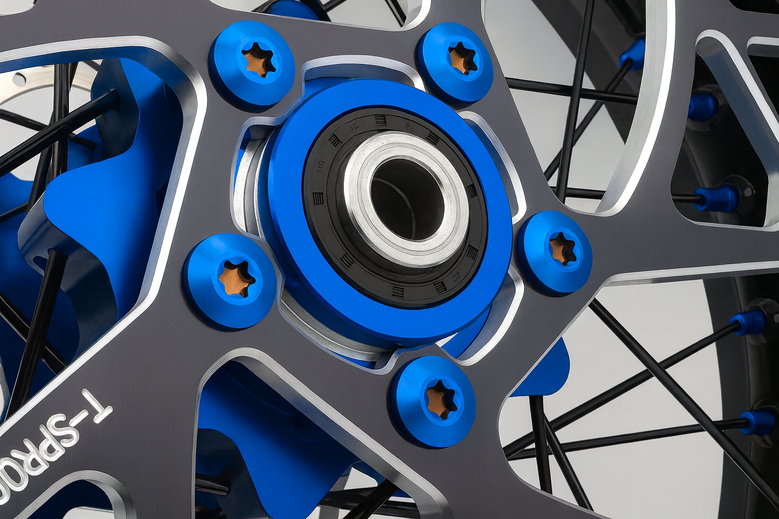 Grade 5 titanium Torx-head sprocket bolts in anodized burnt blue finish