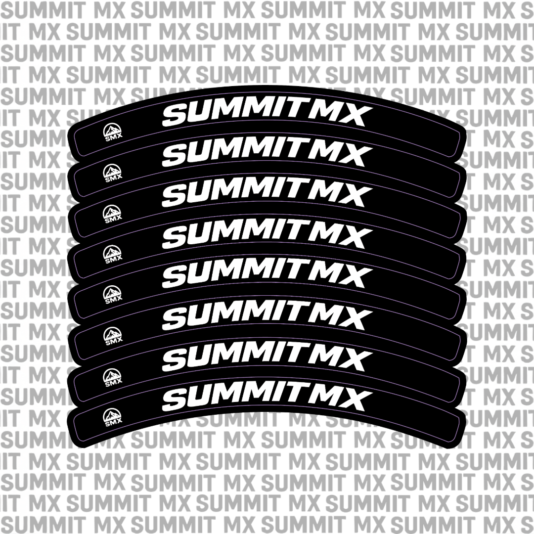 Summit MX rim decal set applied to a wheel rim with custom color stripe