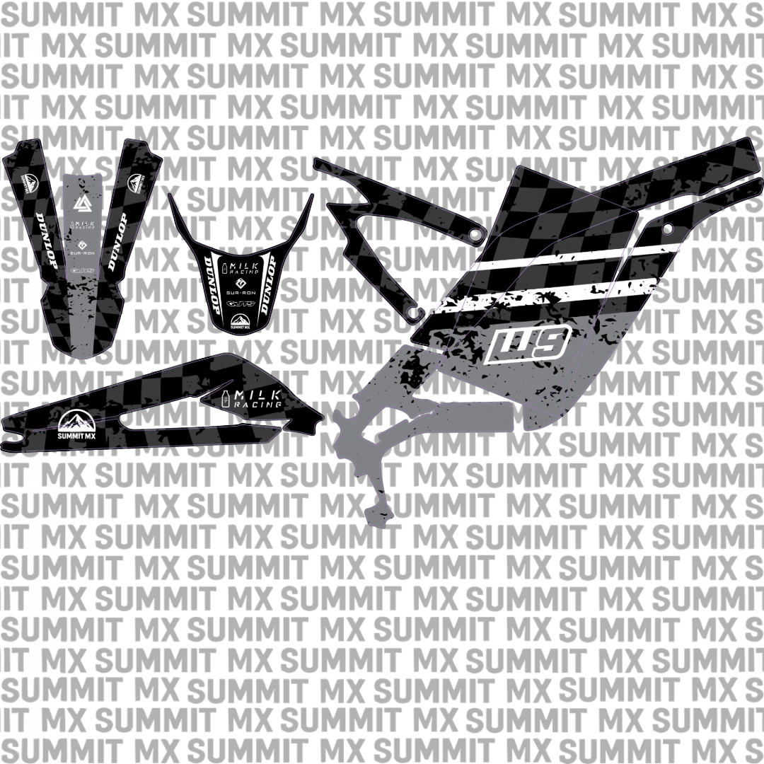 Summit MX pre-designed checkered graphics kit on a Sur-Ron Light Bee LBX