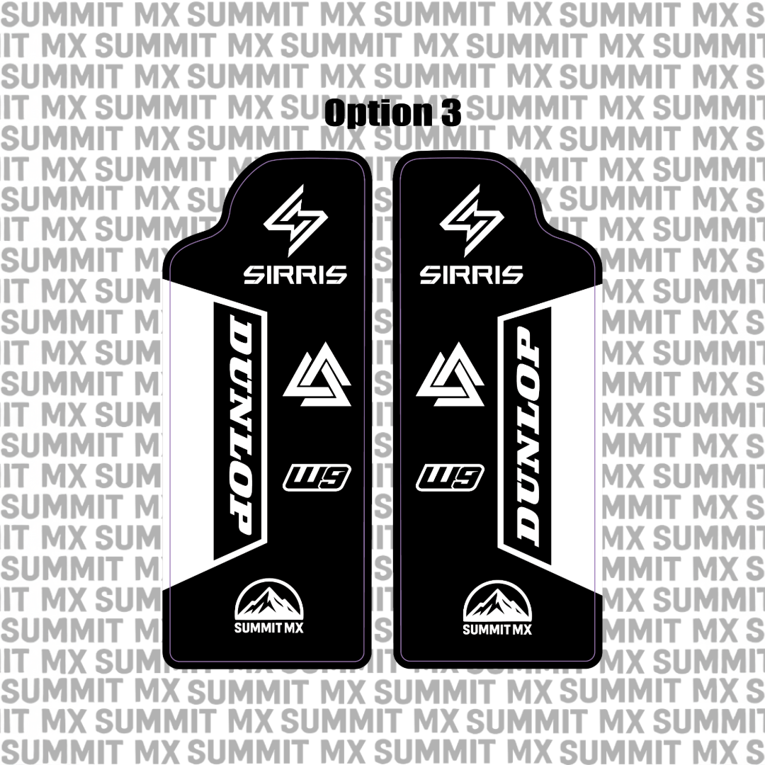 Sirris fork guard decal — finish options close-up